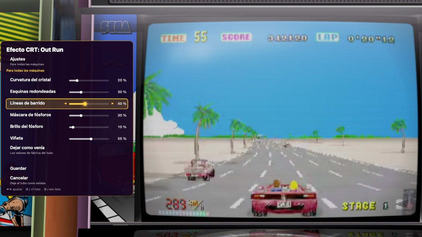 Personalizando el efecto CRT de Out Run: el menú a la izquierda, la pantalla en primer plano a la derecha