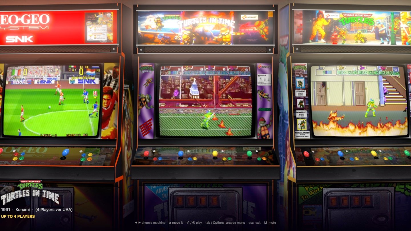 The hall: Turtles in Time in the middle, between a Neo Geo and Teenage Mutant Ninja Turtles, all in 3D