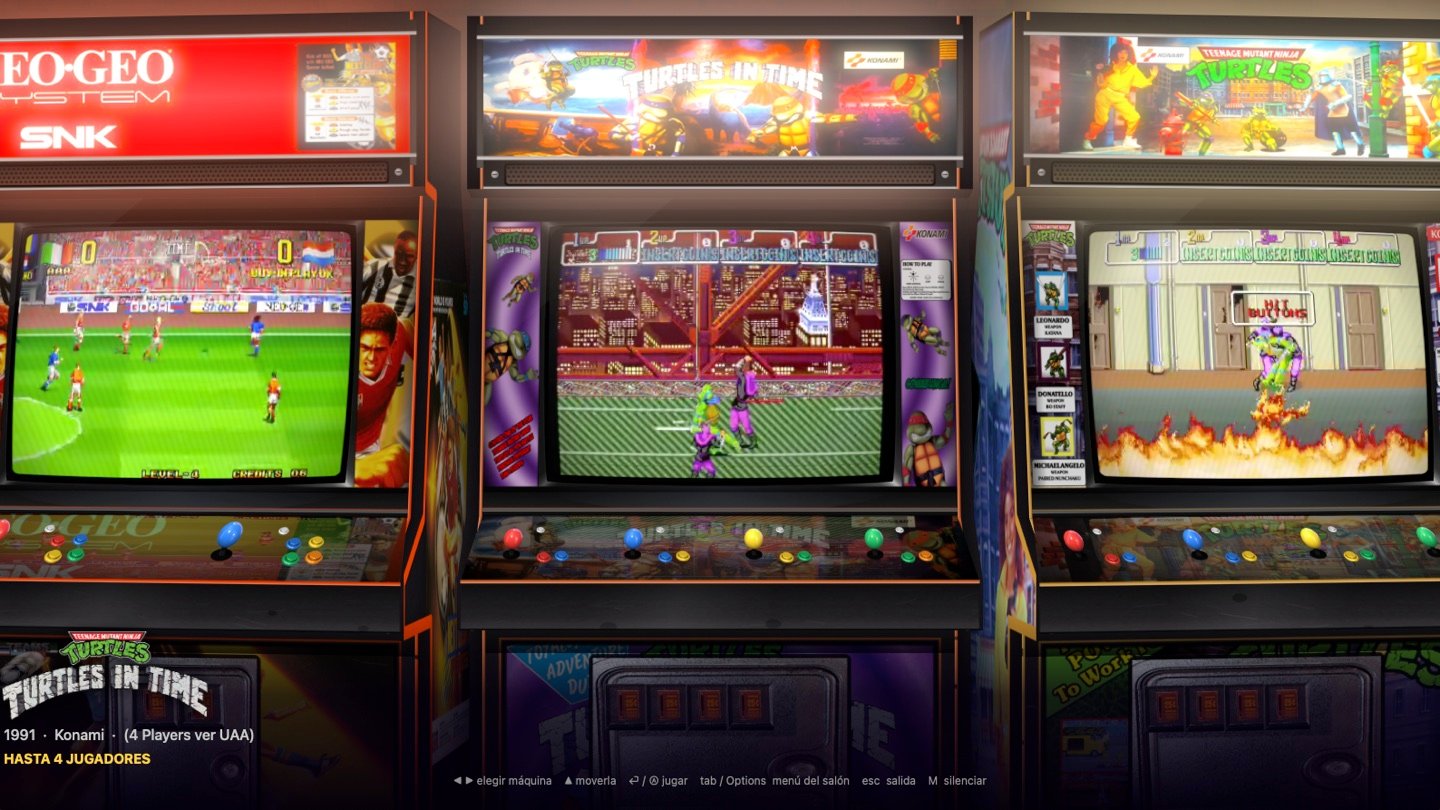 El salón: Turtles in Time en el medio, entre una Neo Geo y Teenage Mutant Ninja Turtles, todo en 3D